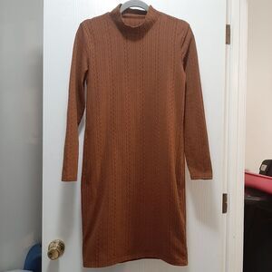 Mock Neck Tan Brown Midi Dress Long Sleeve Small